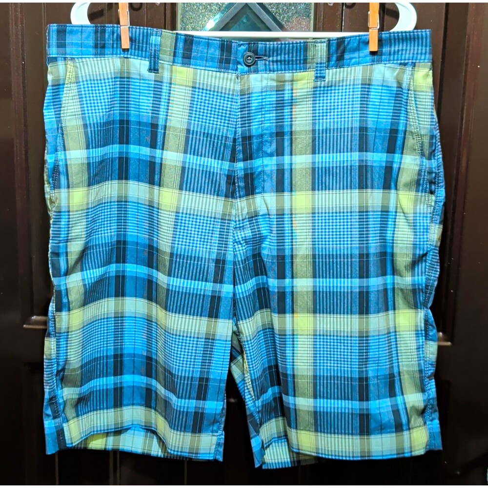 Men's Plaid Chino Shorts Blue Green Gray Stretch Flat Front Button Size 36